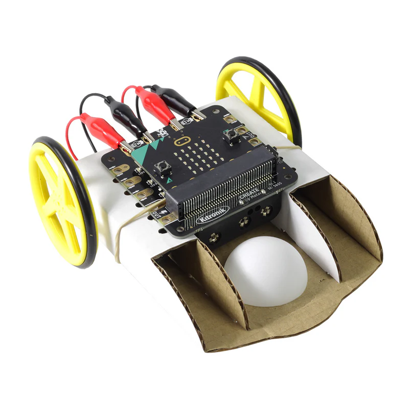 a kitronik simple robitcs kit vehicle with a cardboard chassis