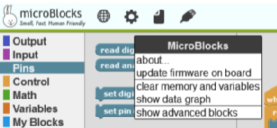 image showing microblocks menu to install firmware