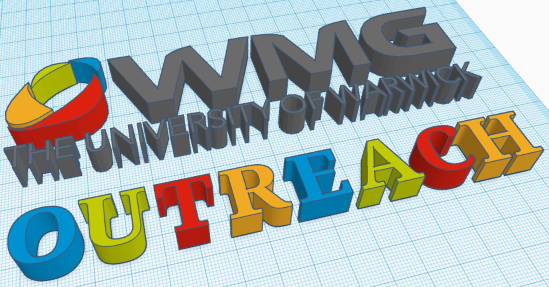 The WMG Logo and the word 'outreach' are shown in 3D shapes made using TinkerCAD
