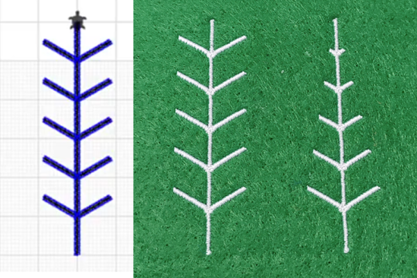 3 trees. One is a virtual tree drawn by a turtle on the backdrop of a grid, the other two are stitched trees on green felt.