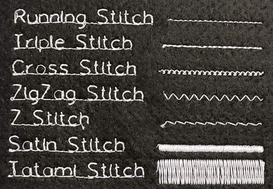 The image shows the range of different stitches available in TurtleStitch. The examples are stitched in white thread on black felt.