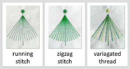 There are three pictures of stitched trees, one using running stitch, the second using zigzag stitch and the third using variagated thread.