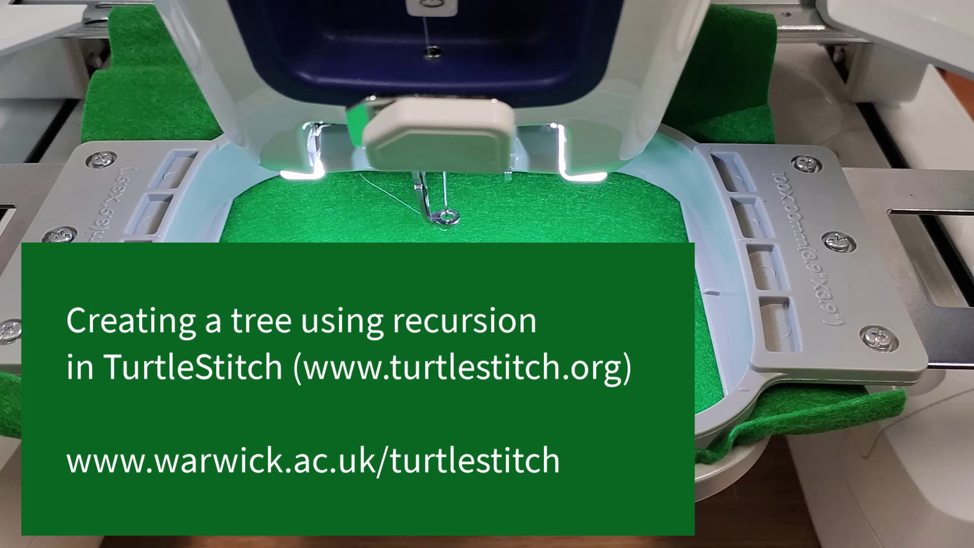 This is a screenshot of a video tutorial that has the TurtleStitch development environment in the background and in front is a text box with the words "Creating a tree using recursion""