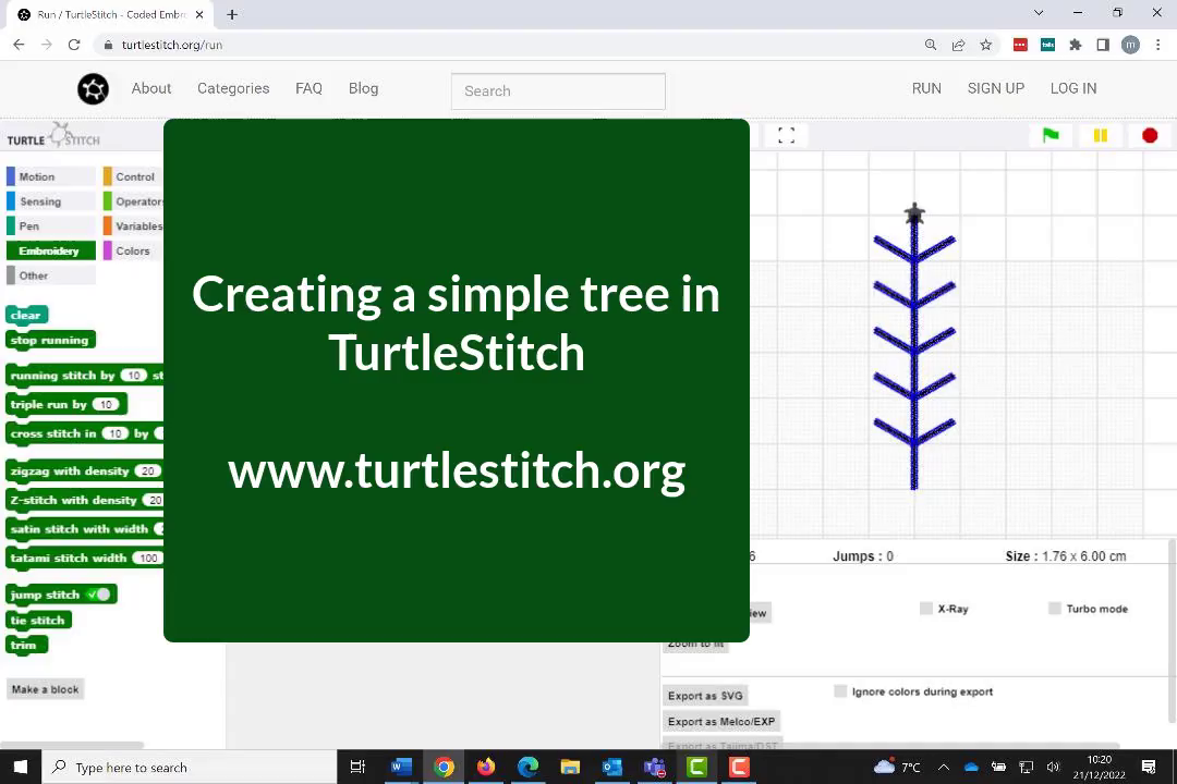 Front screen from the video tutorial, showing a screen shot of TurtleStitch with the text 'Creating a simple tree in TurtleStitch'