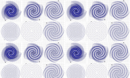 several different blue spiral patterns made from thin lines criss-crossing