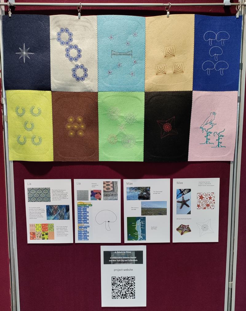a display board with a fabric panel consisting of 10 individual panels, each panel featuring a stitched design, underneath the fabric panel are a number of pages that describe the inspiration behind each panel