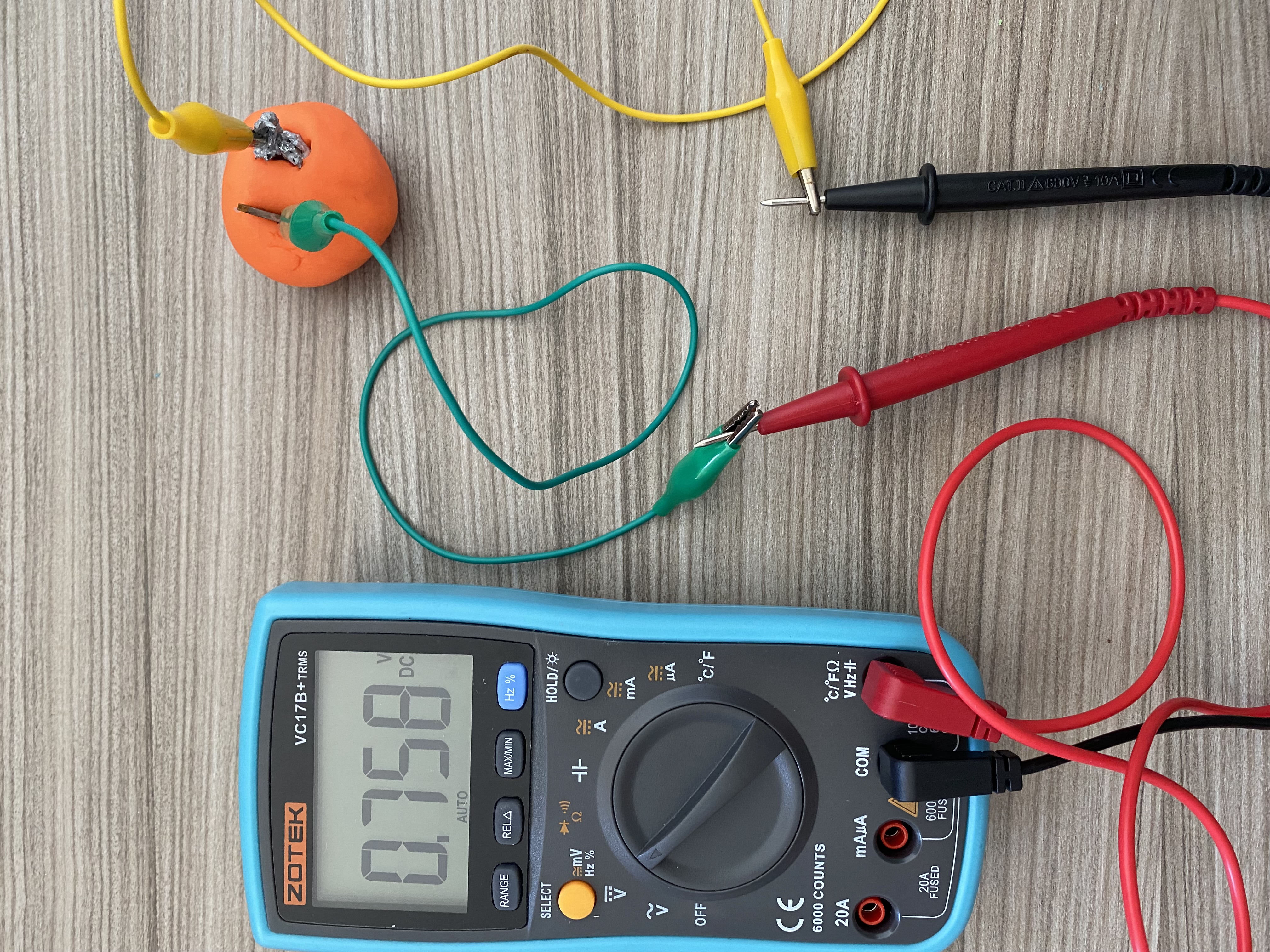 playdough battery connected to a voltmeter by crocodile clips