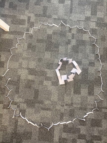 Two rings of paper laid out in a circle on the floor, the smaller ring of paper is inside the bigger one. 
