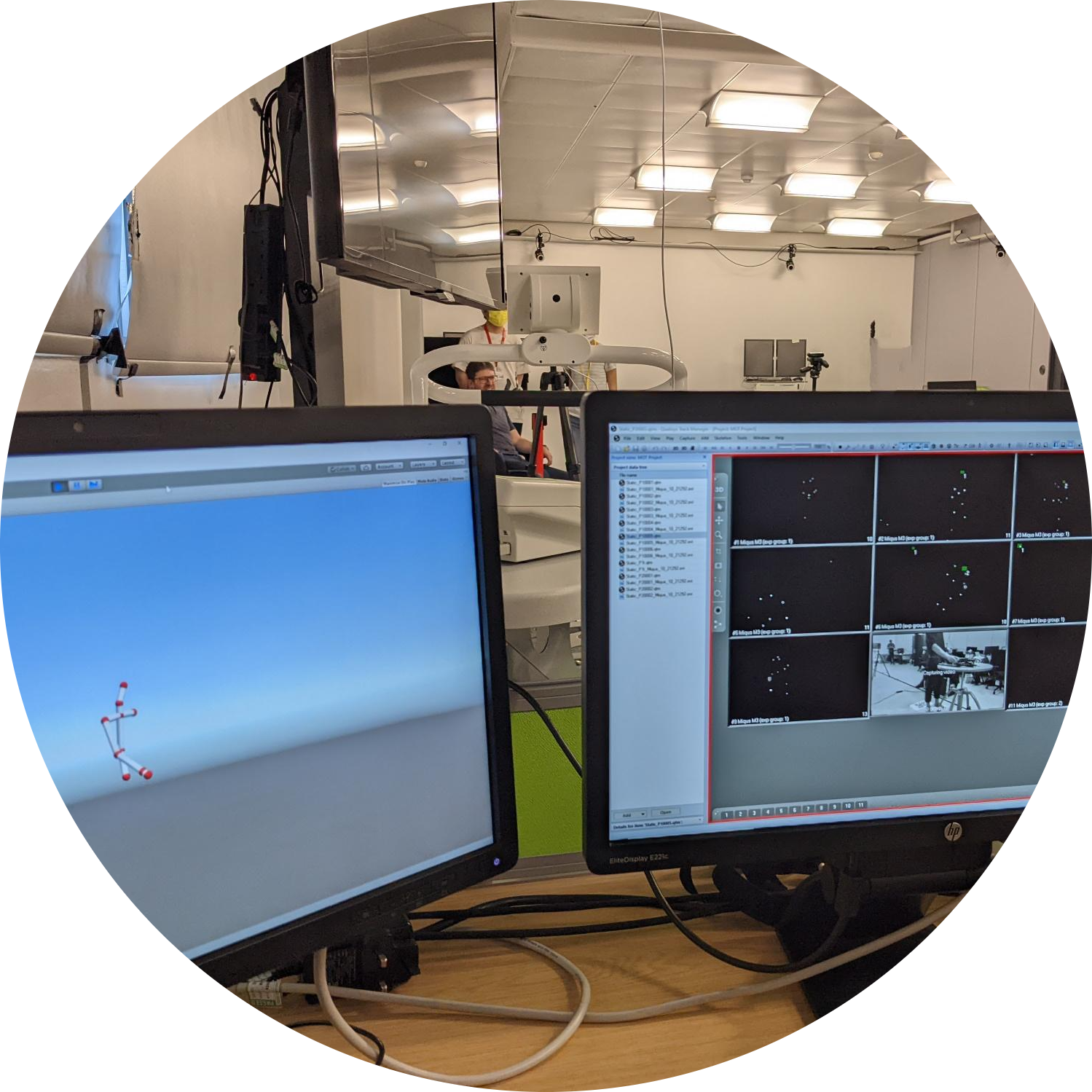 Two computer screens showing images collected when doing motion capture