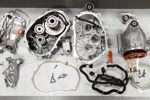 Top-down view of a disassembled Tesla Model Y drive unit