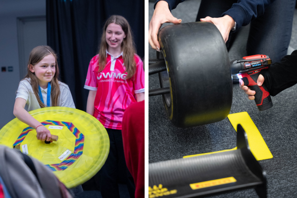 Students engaging in activities involving racing car wheels.