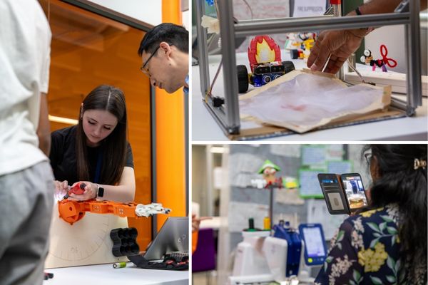 A collage of student projects, including a robotic arm, fire suppression model and digital embroidery machine