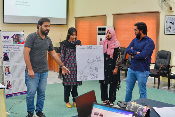 Four students hold a large sheet of paper to present their ideas