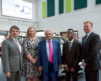 Dr Ralf Speth (CEO Jaguar Land Rover), Kate Tague (Executive Principal), Professor Lord Bhattacharyya (WMG), Yr10 Pupil Kyran Carrington, Associate Principal Stewart Tait