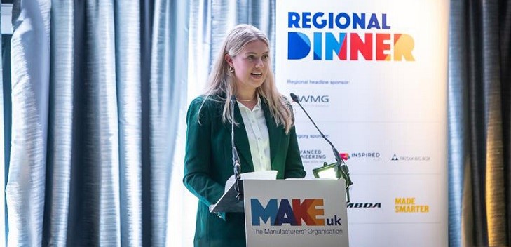 Freya Bexon giving a speech at the Make UK Regional Dinner Awards in October 2024