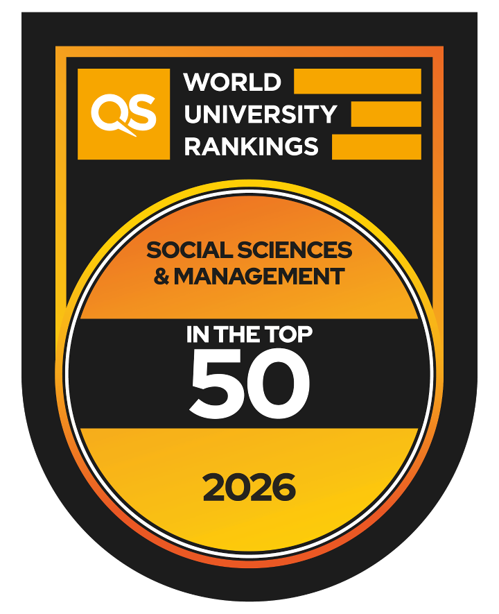 Badge from the world university rankings which says social sciences and management in the top 50