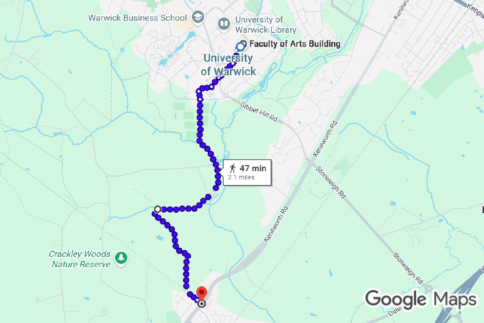 map of phonetics fun run route: FAB to Kenilworth