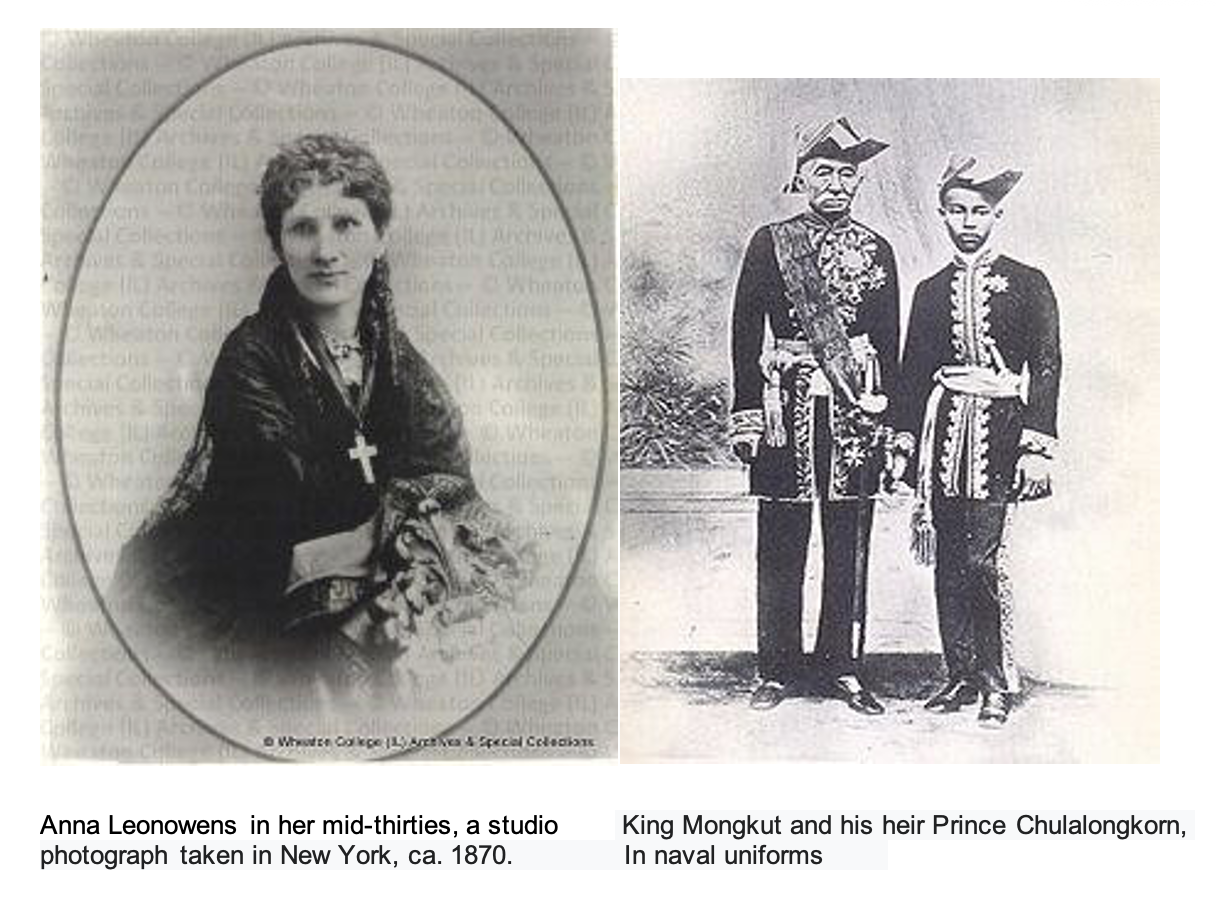 Photo of Anna Leonowens on left, photo of King Mongkut and Prince Chulalongkorn on right