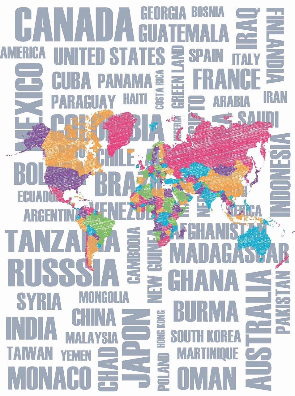 Map of the world with country names written behind it.