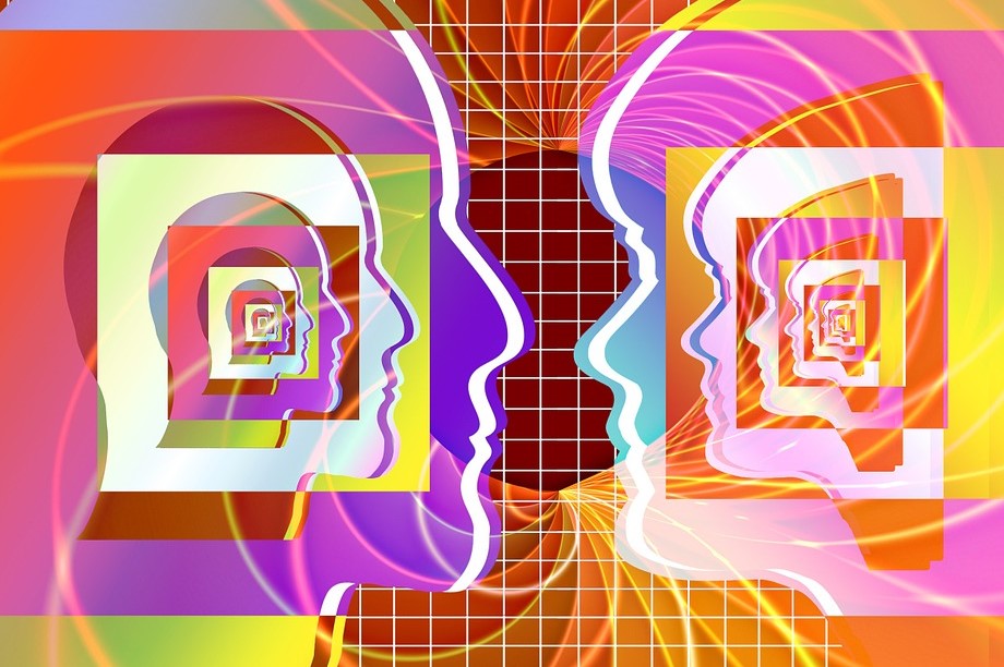 Banner two stylised faces looking at each other