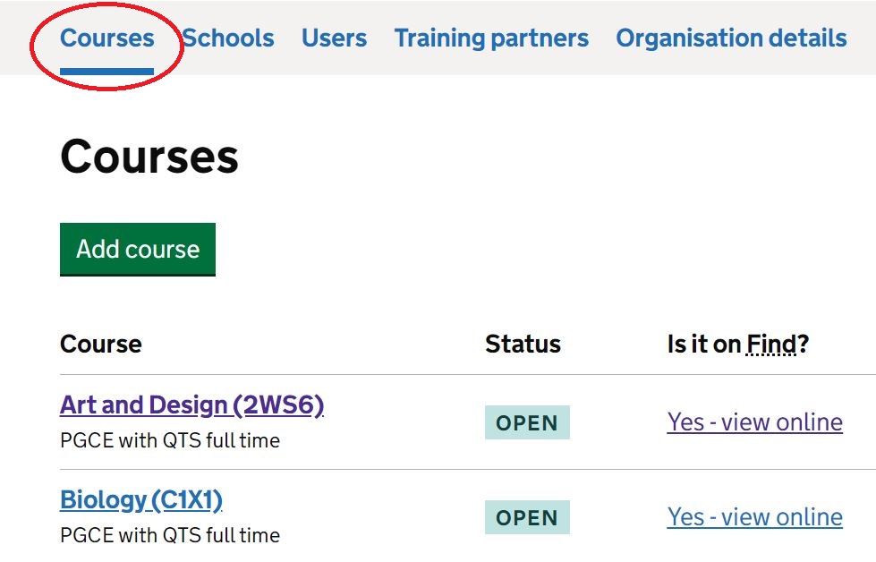 Screenshot of DfE Courses tab