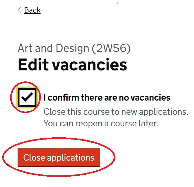 Screenshot of DfE close courses