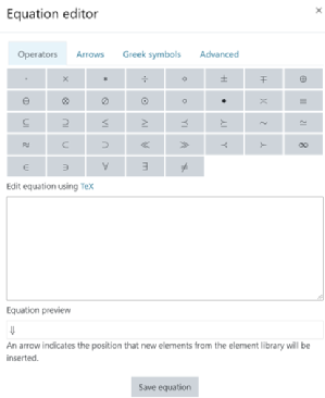 Moodle equation editor dialogue box showing the components you can add to your equation