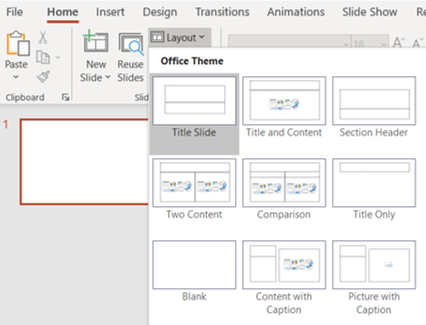 PowerPoint slide layout dropdown menu