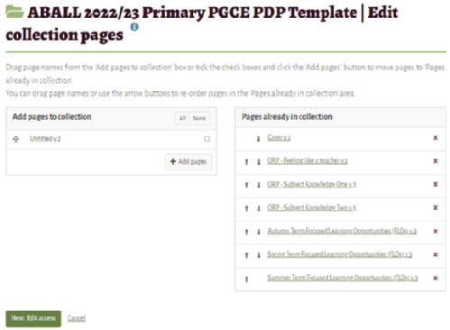 Manage pages in a Mahara collection interface