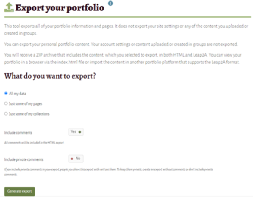 Mahara portfolio export options interface
