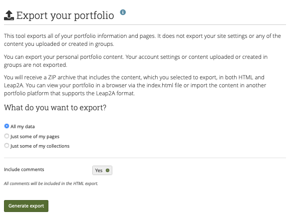Mahara portfolio export options interface