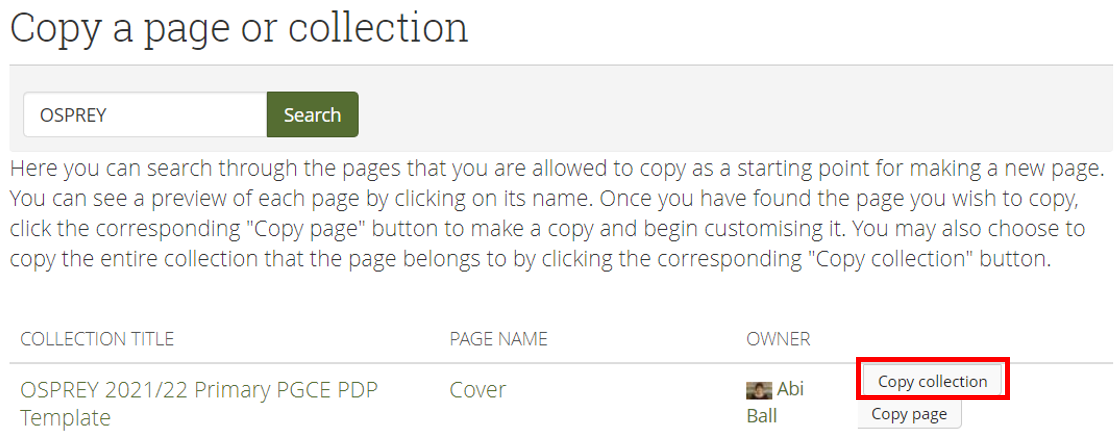 Collection search box in Mahara screenshot