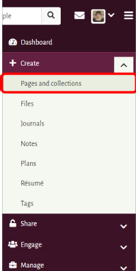 Pages and collections drop down menu in Mahara