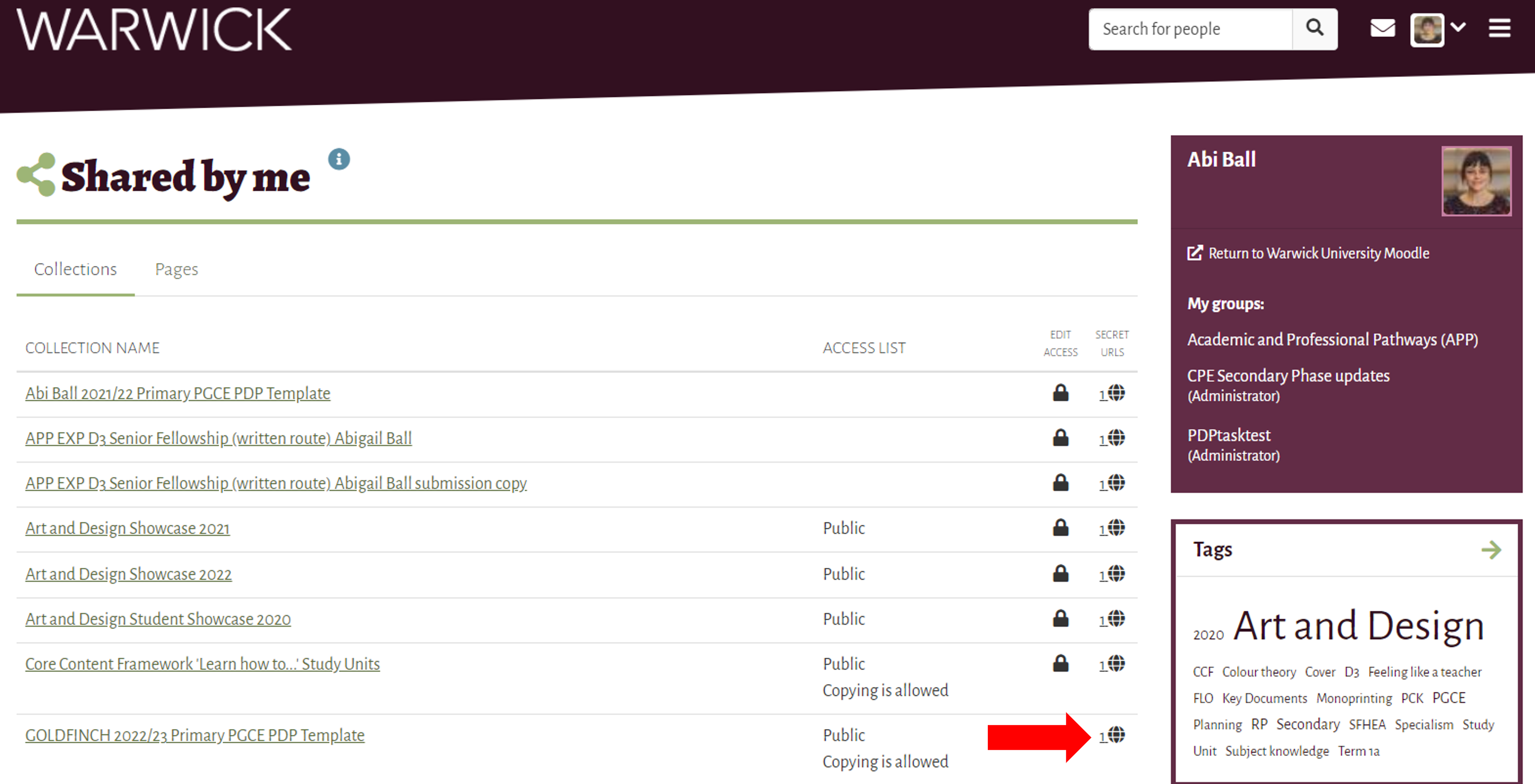 The Mahara shared by me screen showing your portfolio list and the globe icon (the secret URL icon)