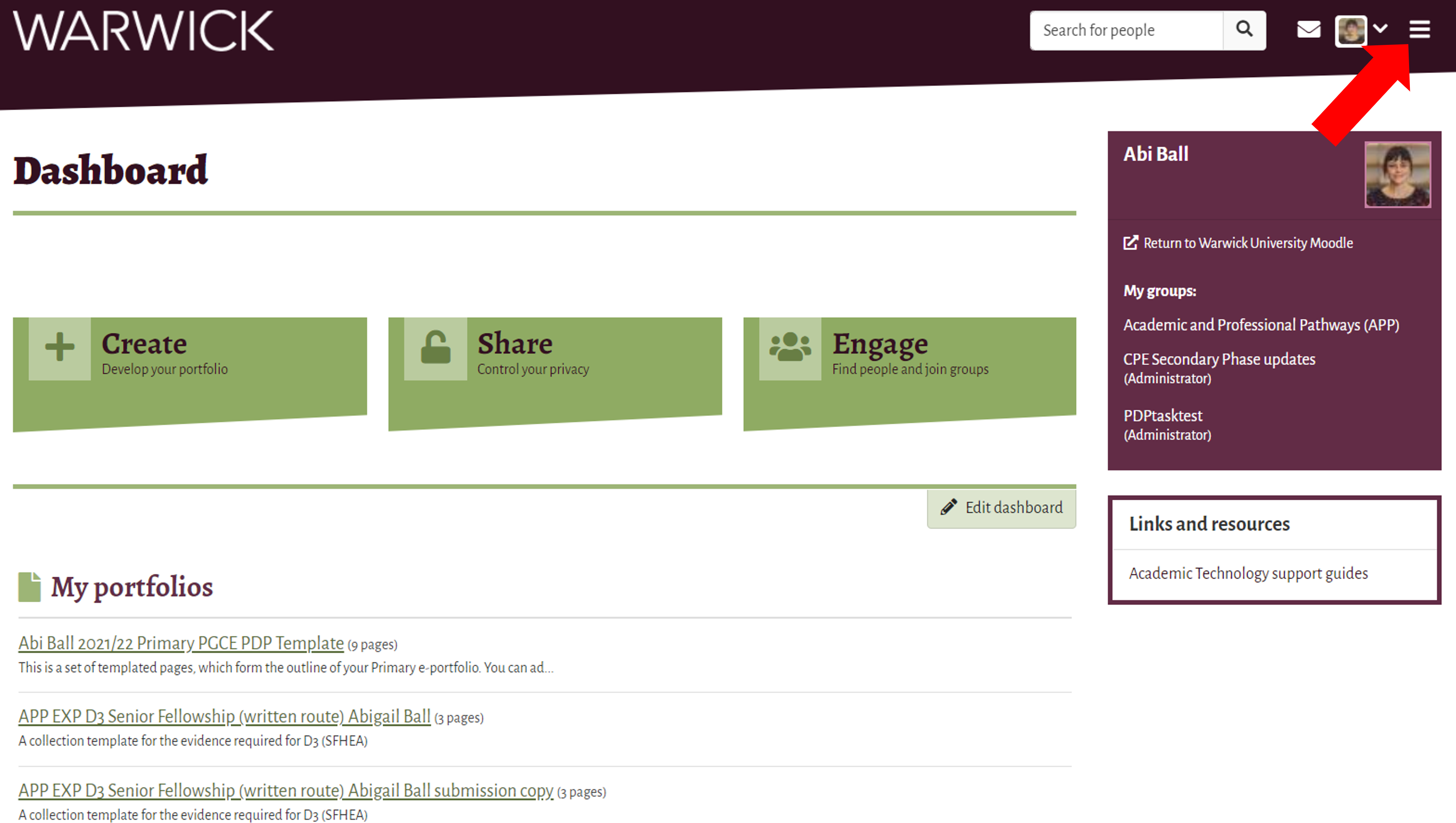 Mahara dashboard screenshot showing the create, share and engage buttons and the location of the main menu