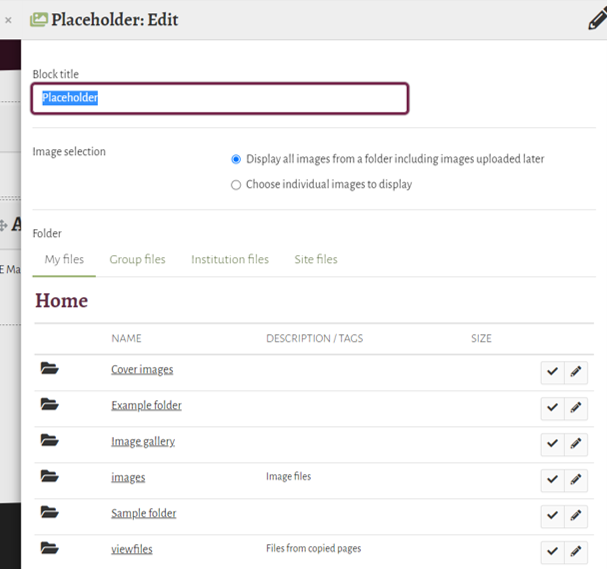 Image gallery configuration panel in Mahara