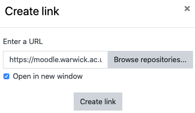 Moodle create link dialogue box