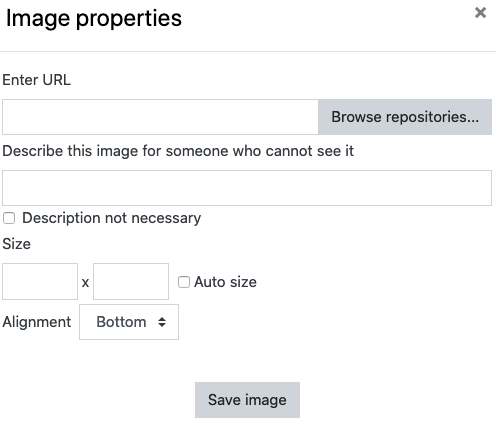 Image properties dialogue box in Moodle