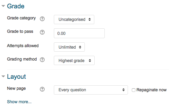 Grade and layout fields in Moodle quizzes