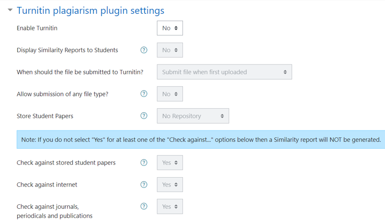 Moodle assignment dropbox Turnitin fields - each section is described underneath this picture. 
