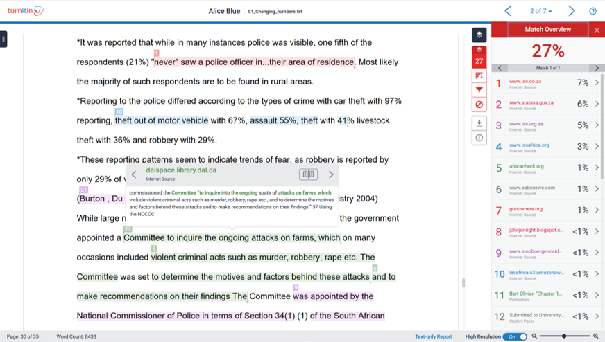 Example Turnitin originality report - further information about the report is included below the image