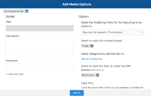 eStream Add Media Options dialogue box
