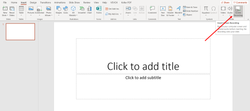Location of screen recording button in PowerPoint (on the insert ribbon at the far right hand end)