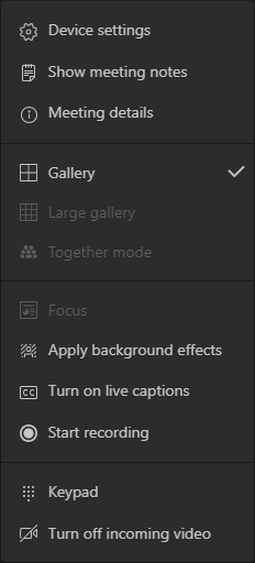 More options menu in Teams showing turn on captions option