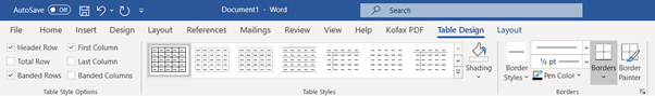 Word table ribbon layout