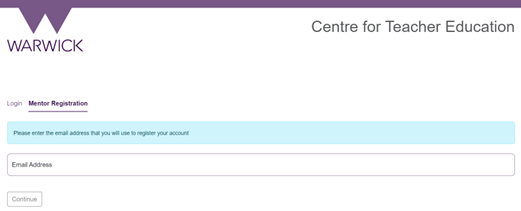 Axia Mentor Registration tab showing the email field and the continue button