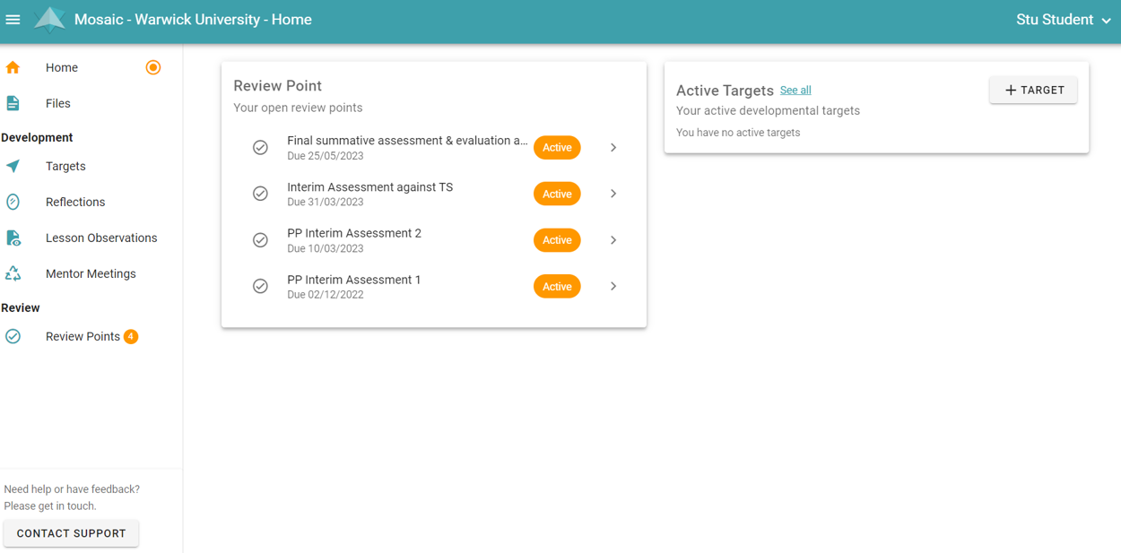 Mosaic homepage showing left hand navigation menu and review point deadlines