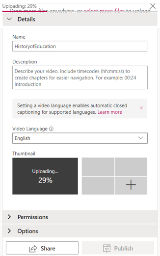 Microsoft Stream upload video dialogue box example