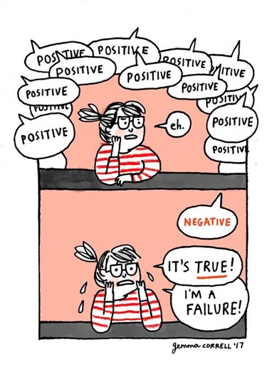Cartoon of a person not recognising positive comments and only reacting to a negative comment as they have a negative mindset.