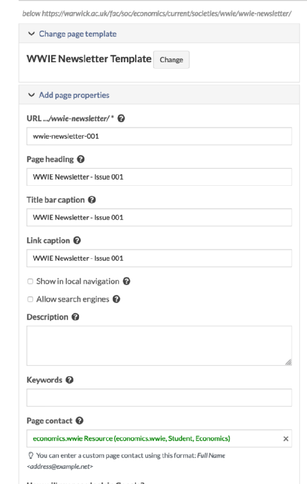 Screenshot of page properties Sitebuilder screen